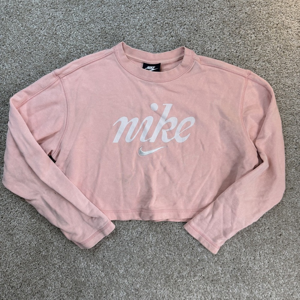 Nike Sweatshirt Womens Medium Pink Terry Crewneck Cropped Logo Graphic Pullover